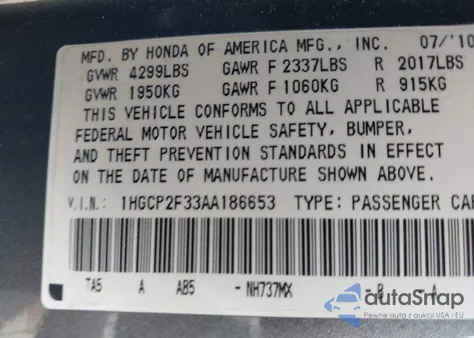 2010 Honda Accord 2.4 Lx from USA, damaged, VIN 1HGCP2F33AA186653
